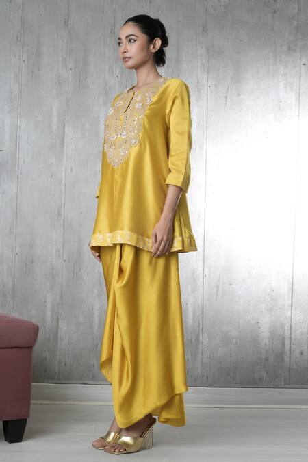 Shop_Vara By Vibha N Priti_Mustard Chanderi, Satin, Modal Embroidery Round Neck Hand Tunic And Skirt Set _Online_at_Aza_Fashions