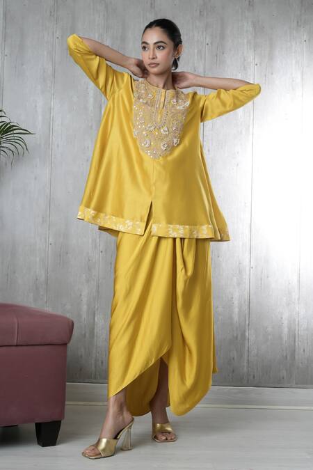 Vara By Vibha N Priti_Mustard Chanderi, Satin, Modal Embroidery Round Neck Hand Tunic And Skirt Set _at_Aza_Fashions