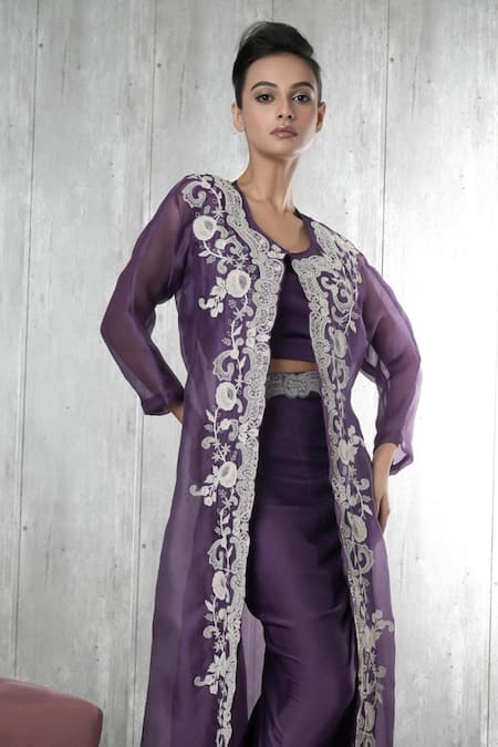 Vara By Vibha N Priti_Purple Satin, Chiffon, Organza Embroidery Round Neck Hand Three Piece Set _Online_at_Aza_Fashions