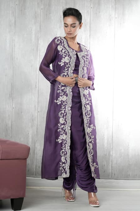 Buy_Vara By Vibha N Priti_Purple Satin, Chiffon, Organza Embroidery Round Neck Hand Three Piece Set _Online_at_Aza_Fashions