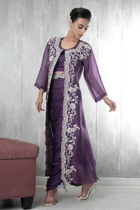 Shop_Vara By Vibha N Priti_Purple Satin, Chiffon, Organza Embroidery Round Neck Hand Three Piece Set _Online_at_Aza_Fashions