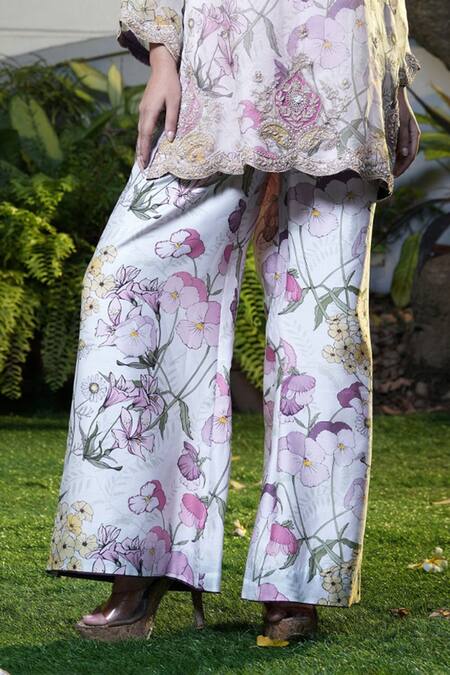 Buy_Vara By Vibha N Priti_Pink Silk, Chanderi, Organza Embroidery Split Light Printed Tunic And Palazzo Set _Online_at_Aza_Fashions