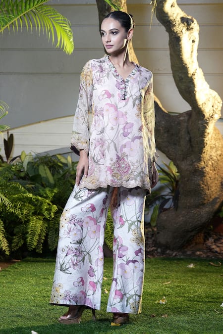 Shop_Vara By Vibha N Priti_Pink Silk, Chanderi, Organza Embroidery Split Light Printed Tunic And Palazzo Set _Online_at_Aza_Fashions