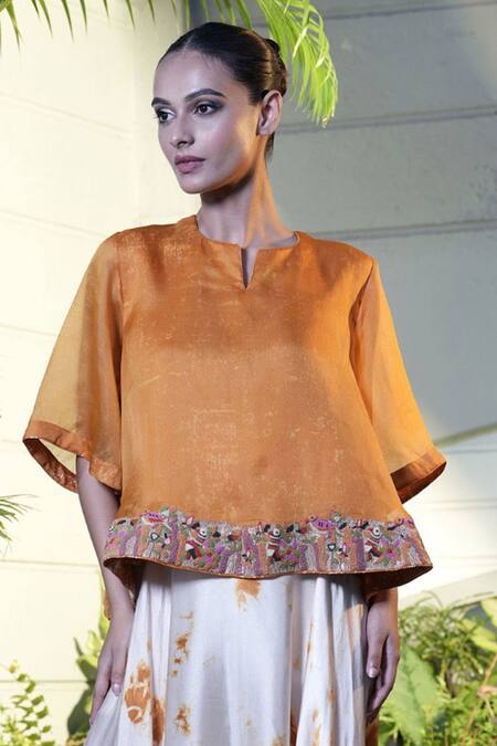 Vara By Vibha N Priti_Yellow Organza, Satin, Modal Embroidery Round Mustard Hand Tunic And Harem Pant _Online_at_Aza_Fashions