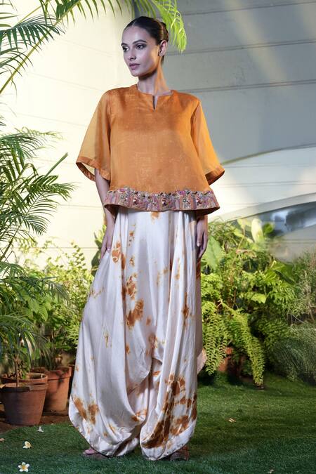 Shop_Vara By Vibha N Priti_Yellow Organza, Satin, Modal Embroidery Round Mustard Hand Tunic And Harem Pant _Online_at_Aza_Fashions