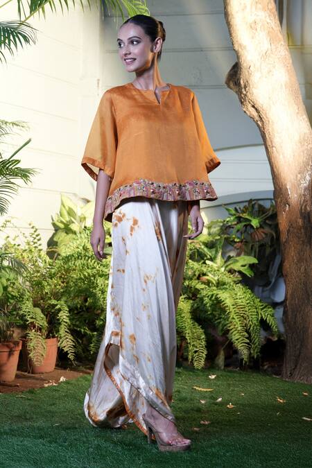 Vara By Vibha N Priti_Yellow Organza, Satin, Modal Embroidery Round Mustard Hand Tunic And Harem Pant _at_Aza_Fashions