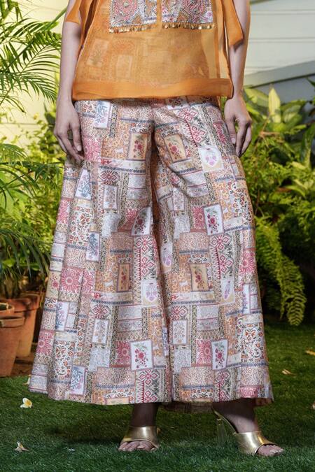 Buy_Vara By Vibha N Priti_Mustard Chanderi, Organza Embroidery Round Neck Hand Set _Online_at_Aza_Fashions