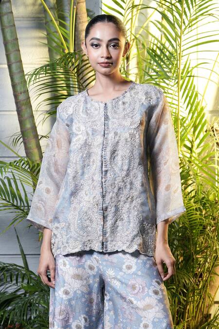 Vara By Vibha N Priti_Blue Organza, Silk, Chanderi Embroidery Round Powder Hand Jacket And Palazzo _Online_at_Aza_Fashions