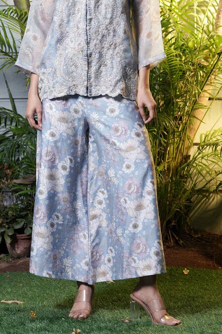 Buy_Vara By Vibha N Priti_Blue Organza, Silk, Chanderi Embroidery Round Powder Hand Jacket And Palazzo _Online_at_Aza_Fashions