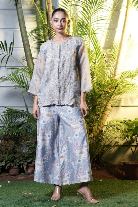 Vara by Vibha n Priti Powder Blue Hand Embroidered Jacket & Palazzo 