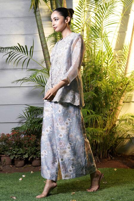 Shop_Vara By Vibha N Priti_Blue Organza, Silk, Chanderi Embroidery Round Powder Hand Jacket And Palazzo _Online_at_Aza_Fashions