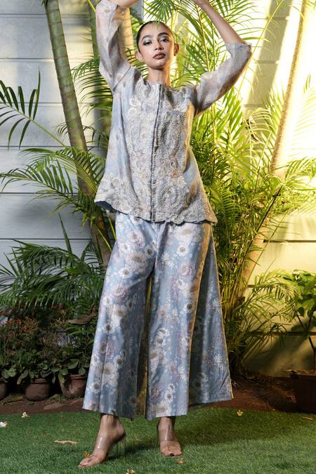 Vara By Vibha N Priti_Blue Organza, Silk, Chanderi Embroidery Round Powder Hand Jacket And Palazzo _at_Aza_Fashions