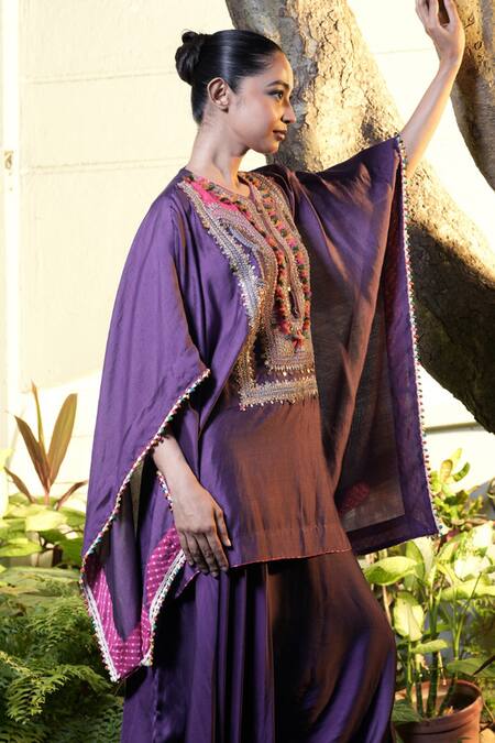 Vara By Vibha N Priti_Purple Silk, Chanderi, Satin, Modal Beads, Hand Kaftan And Harem Pant Set _Online_at_Aza_Fashions