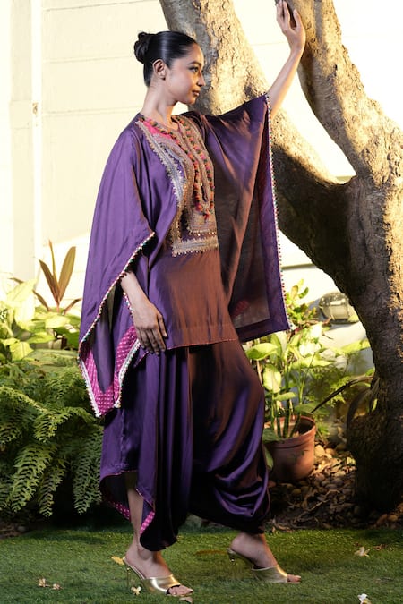 Vara by Vibha n Priti Purple Hand Embroidered Kaftan & Harem Pant Set 