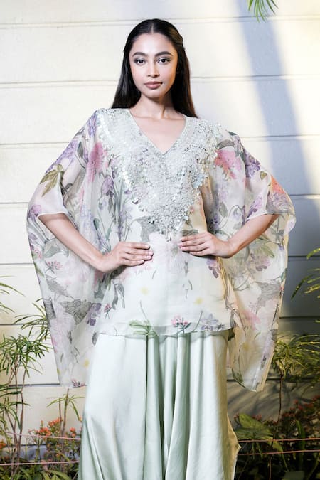 Vara By Vibha N Priti_Green Organza, Satin, Modal Sequins V-neck Printed Kaftan And Harem Pant Set _Online_at_Aza_Fashions