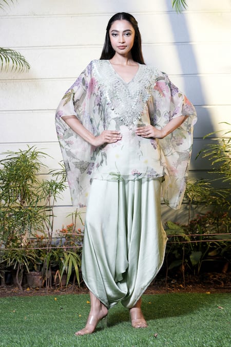 Vara by Vibha n Priti Green Printed Kaftan & Harem Pant Set 