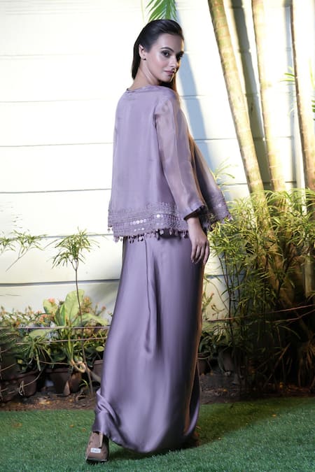 Vara By Vibha N Priti Lilac Hand Embroidered Tunic & Skirt Set 