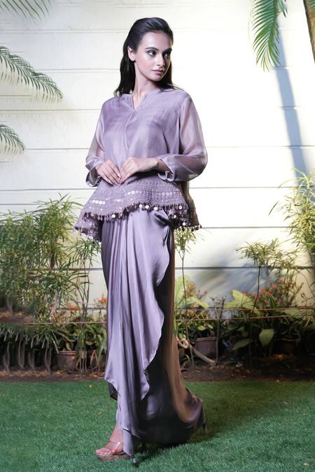 Buy_Vara By Vibha N Priti_Lilac Organza, Satin, Modal Embroidery V-neck Hand Tunic And Skirt Set _Online_at_Aza_Fashions