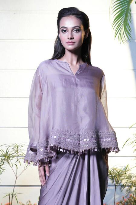 Shop Vara By Vibha N Priti Lilac Organza, Satin, Modal Embroidery V-neck Hand Tunic And Skirt Set Online at Aza Fashions Shop_Vara By Vibha N Priti_Lilac Organza, Satin, Modal Embroidery V-neck Hand Tunic And Skirt Set _Online_at_Aza_Fashions