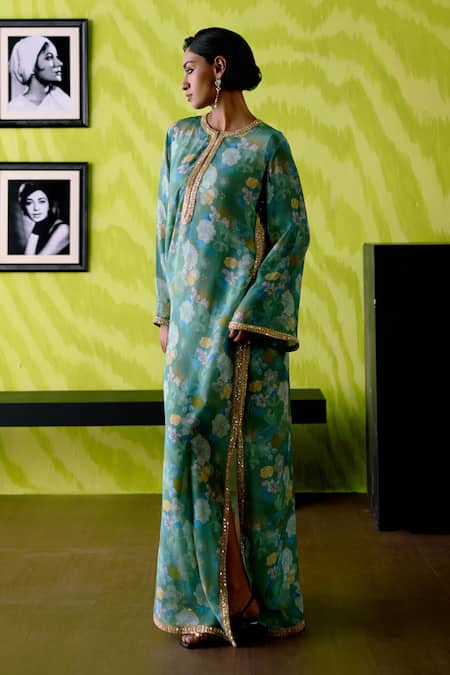 Buy_Deep Thee_Green Crepe, Silk Cut Work, Embroidery Round Sage Floral Printed Slit Dress _Online_at_Aza_Fashions