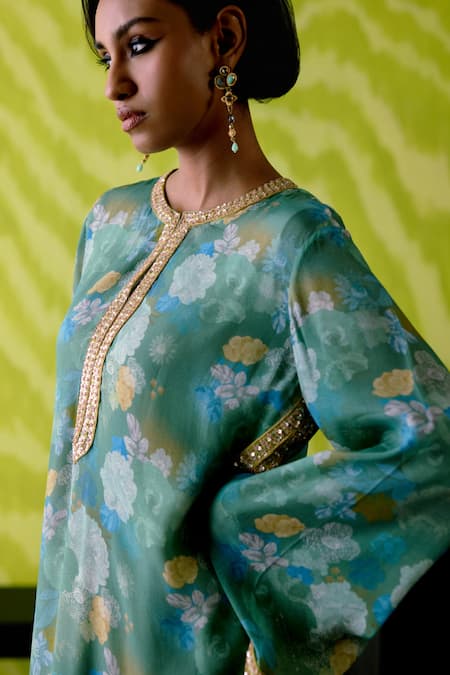 Shop_Deep Thee_Green Crepe, Silk Cut Work, Embroidery Round Sage Floral Printed Slit Dress _Online_at_Aza_Fashions