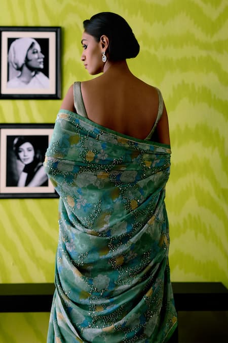 Shop_Deep Thee_Green Crepe, Silk, Tissue Beads, Sequins Floral Printed Sage Saree Set _Online_at_Aza_Fashions