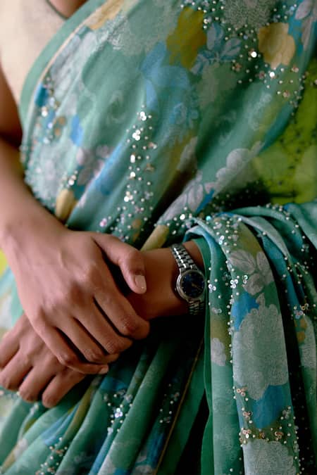 Buy_Deep Thee_Green Crepe, Silk, Tissue Beads, Sequins Floral Printed Sage Saree Set 