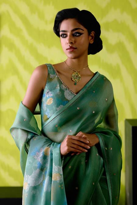 Shop_Deep Thee_Green Organza, Crepe, Silk Embroidery V-neck Sage Saree Set _Online_at_Aza_Fashions