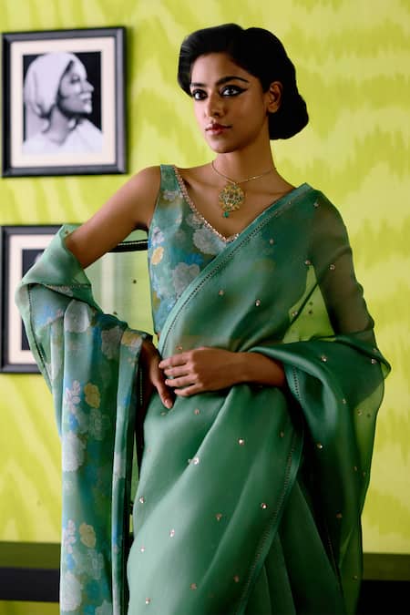 Deep Thee_Green Organza, Crepe, Silk Embroidery V-neck Sage Saree Set _at_Aza_Fashions