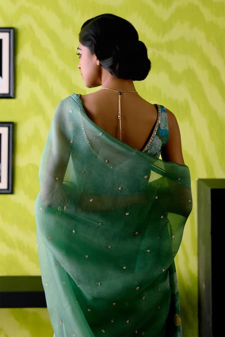 Shop_Deep Thee_Green Organza, Crepe, Silk Embroidery V-neck Sage Saree Set 