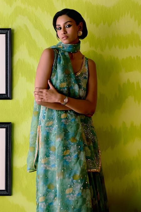Deep Thee_Green Crepe, Silk, Organza Beads, Sequins V-neck Floral Print Sage Sharara Set _Online_at_Aza_Fashions