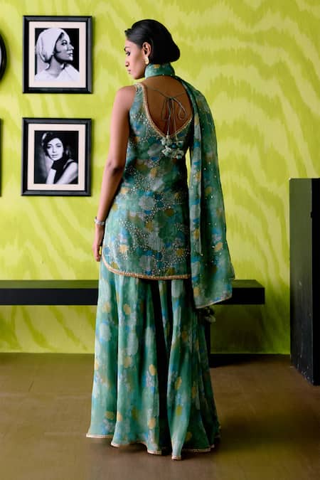 Deep Thee Floral Print Sage Green Sharara Set 