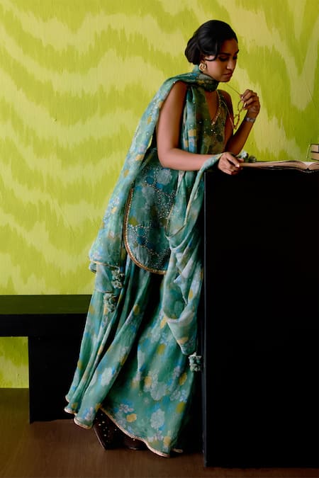 Buy_Deep Thee_Green Crepe, Silk, Organza Beads, Sequins V-neck Floral Print Sage Sharara Set _Online_at_Aza_Fashions