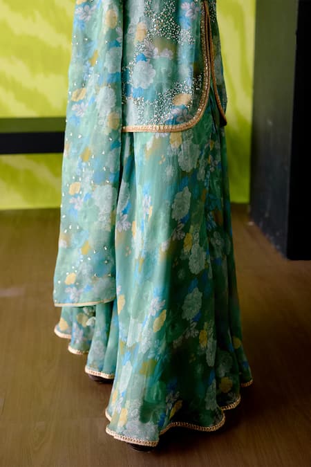 Deep Thee_Green Crepe, Silk, Organza Beads, Sequins V-neck Floral Print Sage Sharara Set _at_Aza_Fashions