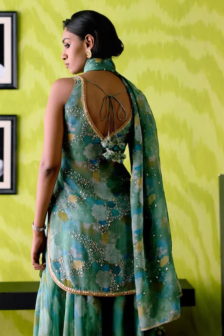 Buy_Deep Thee_Green Crepe, Silk, Organza Beads, Sequins V-neck Floral Print Sage Sharara Set 