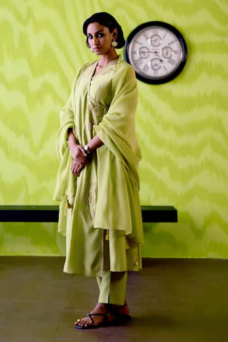 Deep Thee_Green Chanderi Cut Work Open Neck Apple Kallidar Angrakha Set _Online_at_Aza_Fashions