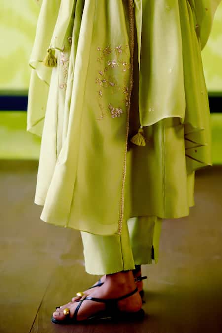 Buy_Deep Thee_Green Chanderi Cut Work Open Neck Apple Kallidar Angrakha Set _Online_at_Aza_Fashions