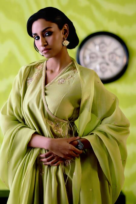 Shop_Deep Thee_Green Chanderi Cut Work Open Neck Apple Kallidar Angrakha Set _Online_at_Aza_Fashions