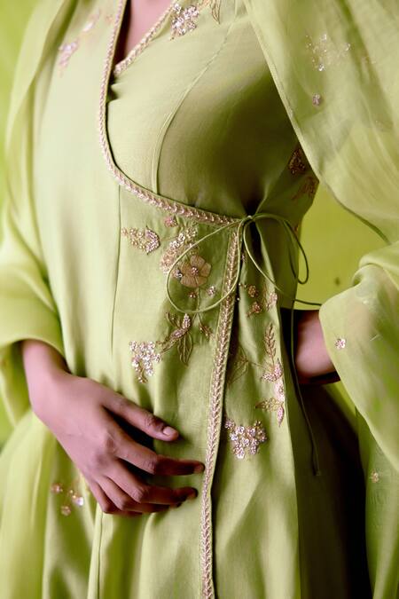 Deep Thee_Green Chanderi Cut Work Open Neck Apple Kallidar Angrakha Set _at_Aza_Fashions