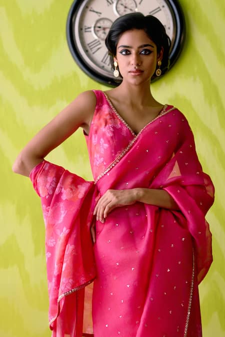 Deep Thee_Fuchsia Organza, Crepe Cut Work, Embroidery Pink And Saree With Blouse _Online_at_Aza_Fashions
