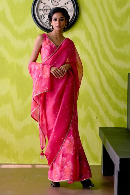 Deep Thee Fuchsia Pink Half and Half Saree with Blouse 