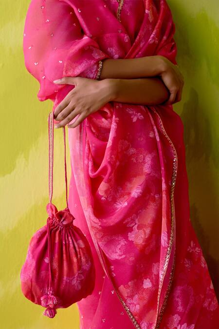 Buy_Deep Thee_Fuchsia Organza, Crepe Cut Work, Embroidery Pink And Saree With Blouse _Online_at_Aza_Fashions