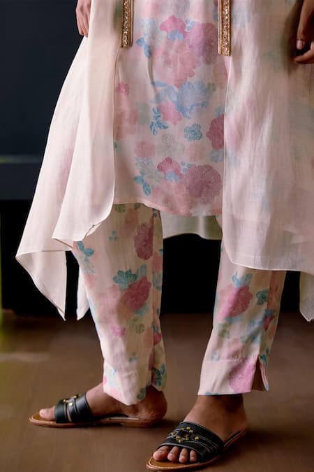 Buy_Deep Thee_Ivory Chanderi, Crepe Cut Work Round Neck Floral Printed Jacket Set _Online_at_Aza_Fashions