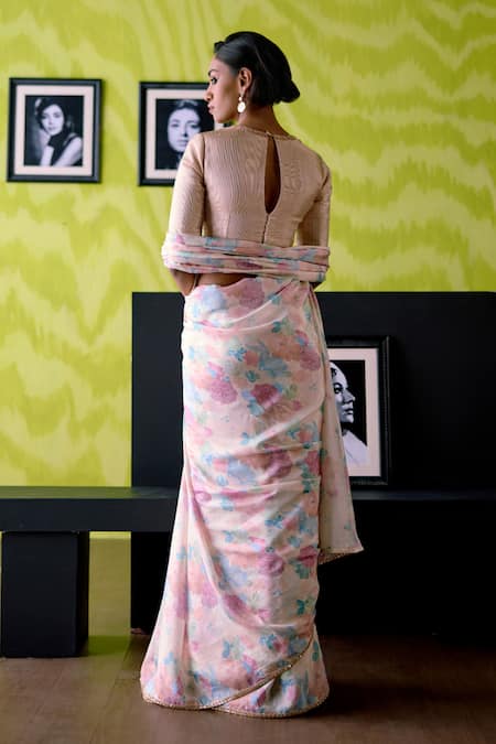 Deep Thee Ivory Floral Print Saree with Blouse 