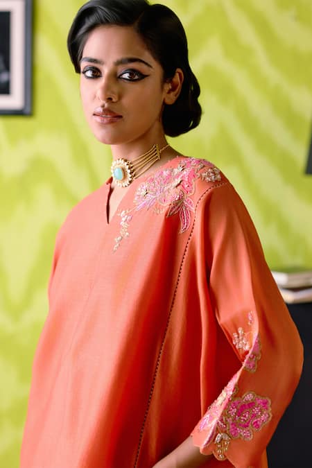 Shop_Deep Thee_Rust Chanderi Embroidery Split V-neck Panelled Short Kaftan Set _Online_at_Aza_Fashions