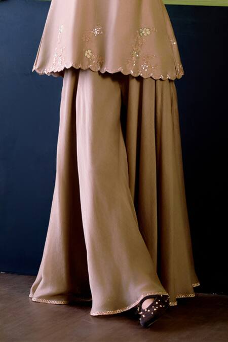 Deep Thee_Beige Chanderi Cut Work, Embroidery Halter Neck Mocha Top With Sharara _Online_at_Aza_Fashions