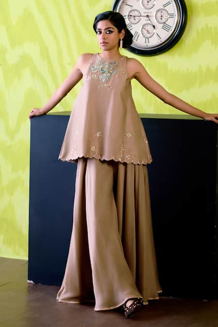 Deep Thee Beige Chanderi Cut Work, Embroidery Halter Neck Mocha Top With Sharara 