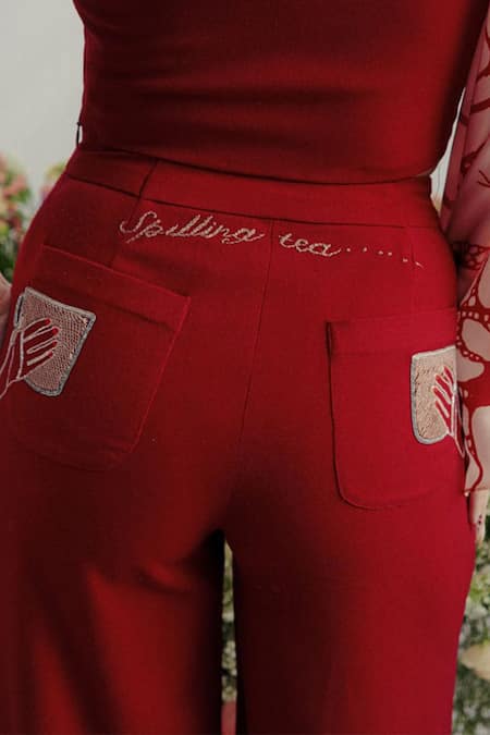 Pocket Stories_Blush Microfiber, Crepe Embroidery Asymmetric Crimson Pulse Print Set _Online_at_Aza_Fashions