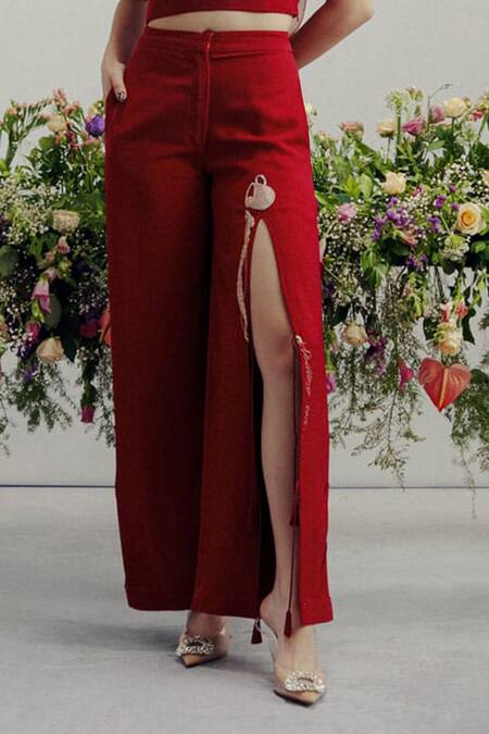 Buy_Pocket Stories_Blush Microfiber, Crepe Embroidery Asymmetric Crimson Pulse Print Set _Online_at_Aza_Fashions