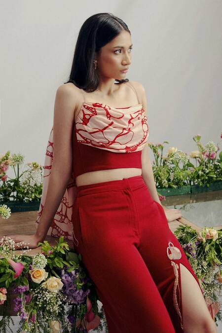 Shop_Pocket Stories_Blush Microfiber, Crepe Embroidery Asymmetric Crimson Pulse Print Set _Online_at_Aza_Fashions